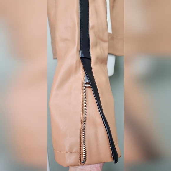 Vegan Leather Striped Color-block Moto Jacket Brown White MEDIUM - Picture 10 of 14